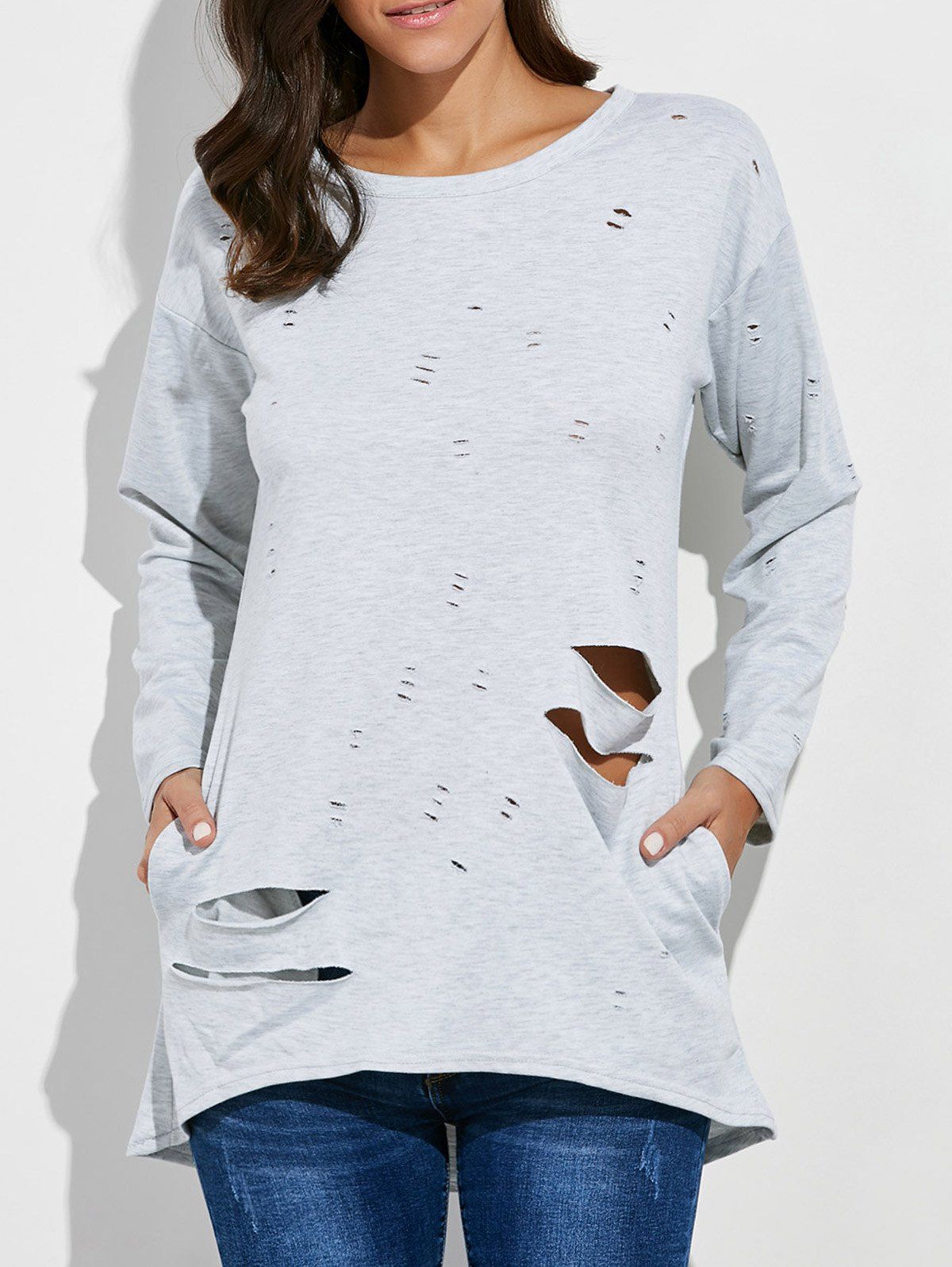

Oversized Long Sleeve Distressed T-Shirt, Gray