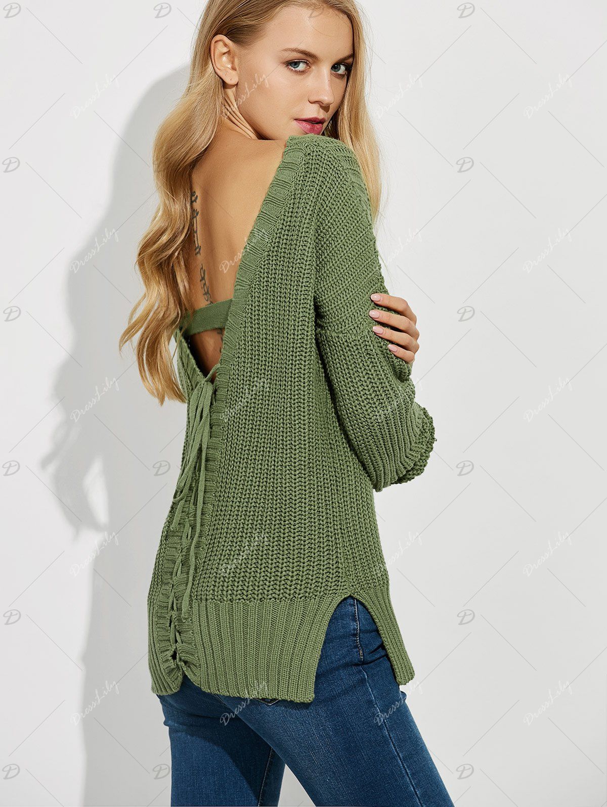2018 Backless Lace Up Ribbed Sweater GREEN XL In Sweaters & Cardigans ...