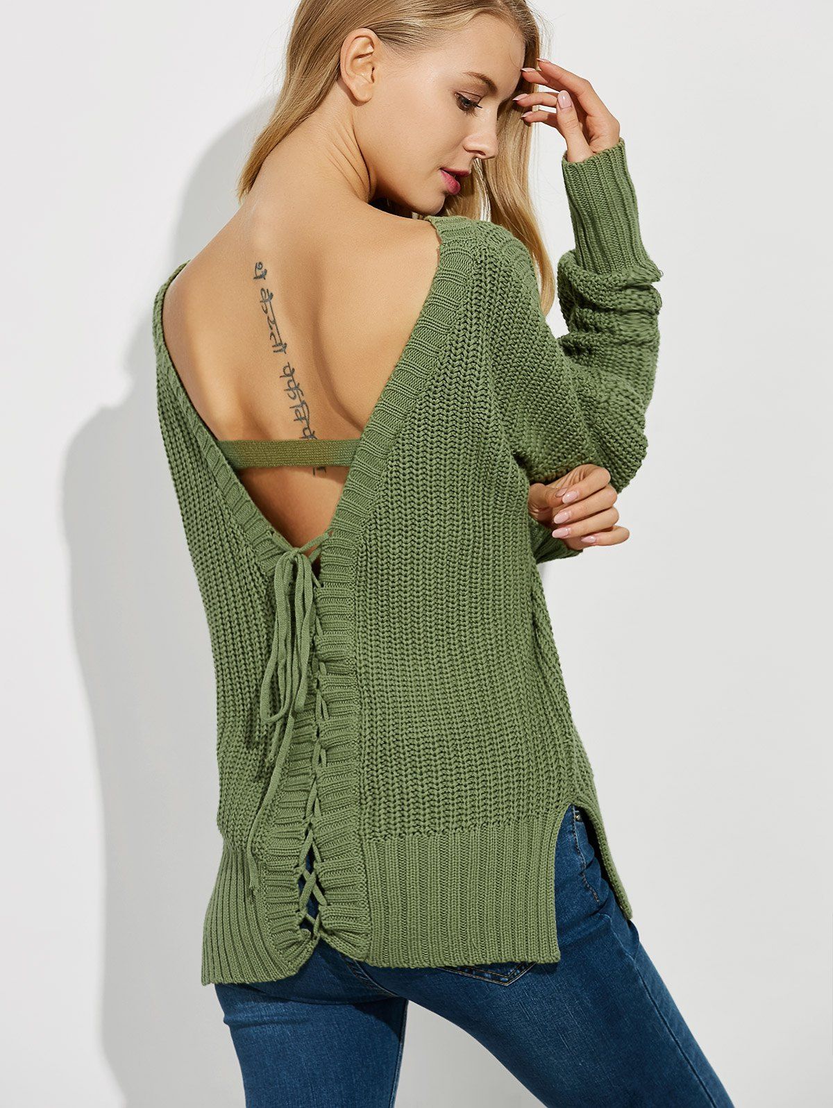 Backless Lace Up Ribbed Sweater - GREEN 2XL