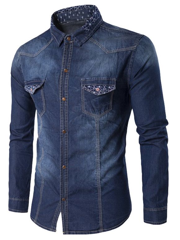 Chemise en jean à manches longues Géométriques avec Poches Imprimé et col relevé - Bleu profond M