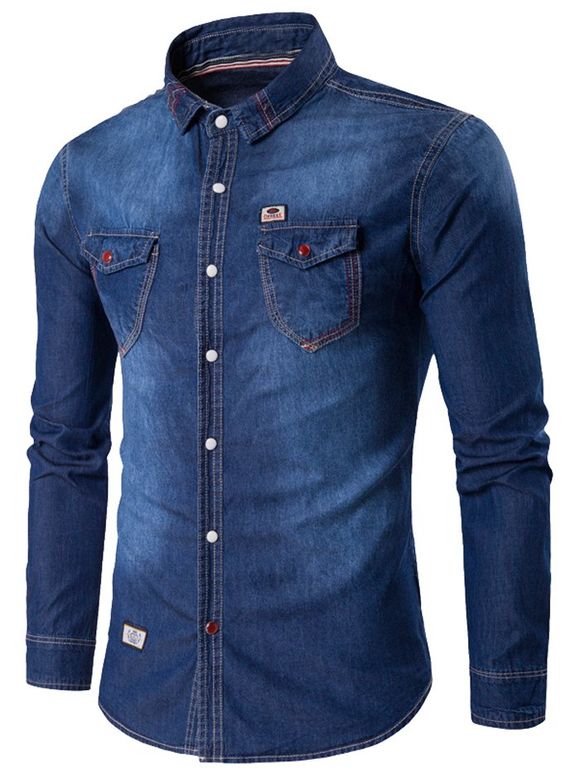Chemise en jean avec des poches à boutons en strass - Bleu clair M