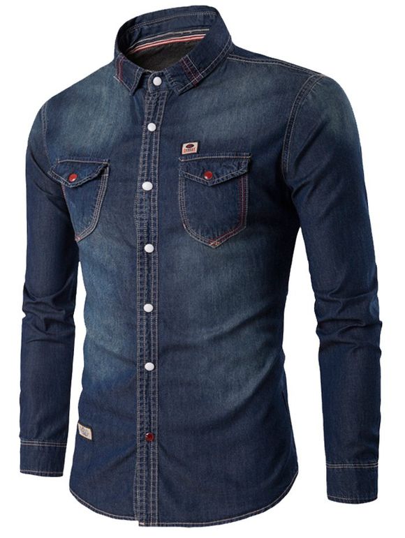 Chemise en jean avec des poches à boutons en strass - Bleu profond M