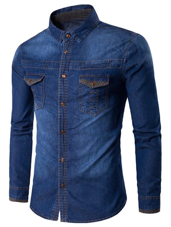 chemise jeans avec col relevé  avec poche imprimé Argyle - Bleu clair L