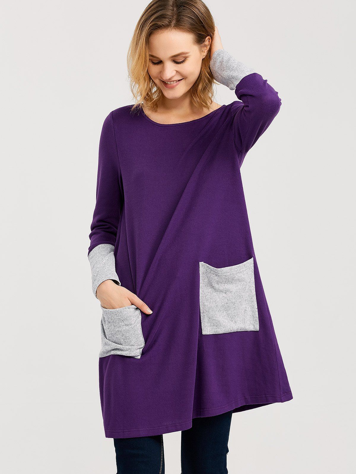 

Pockets Design Longline T-Shirt, Purple and grey
