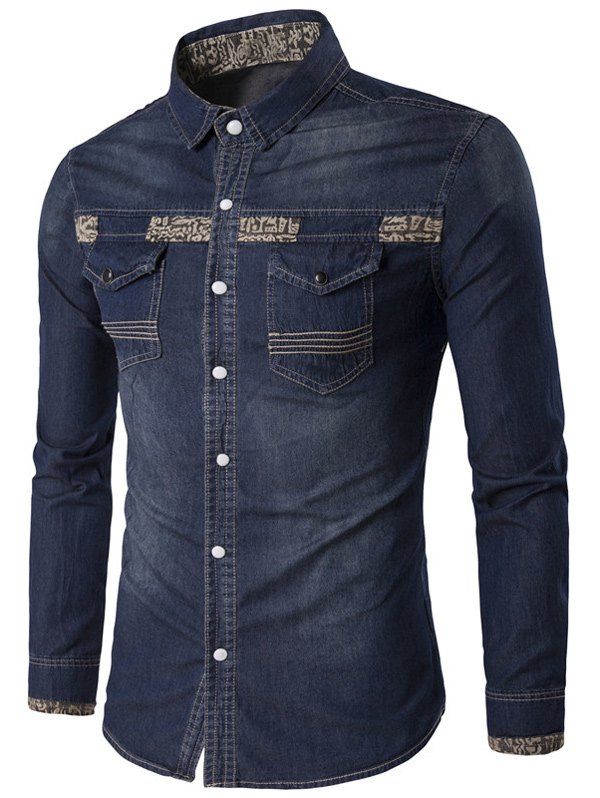 

Totem Print Spliced Pocket Denim Shirt, Deep blue