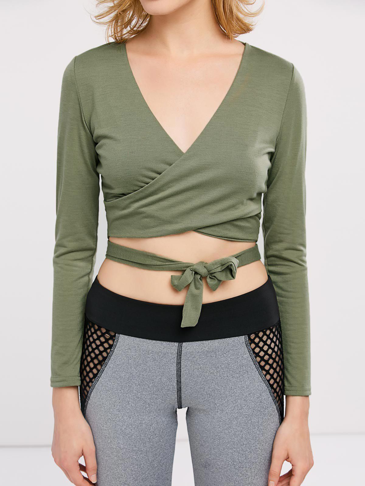 

Long Sleeve Cropped Surplice Top, Jade green