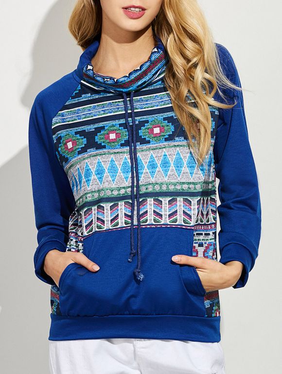 Sweatshirt à col montant et avec une poche de kangourou et en motif à la bohémienne - Bleu profond S