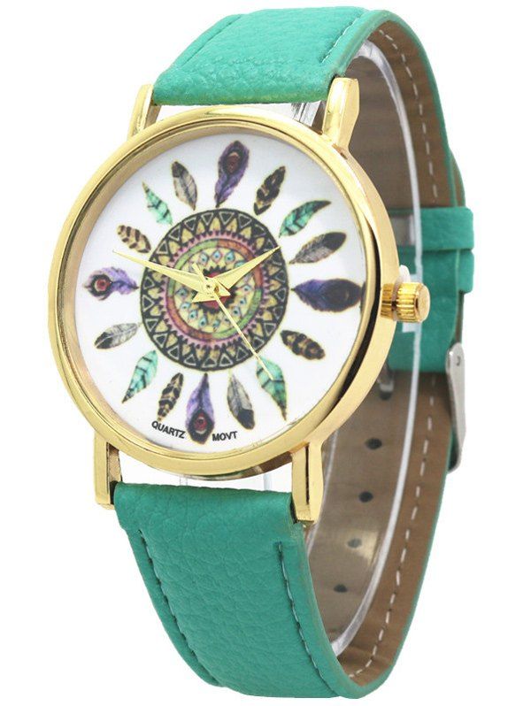 

Faux Leather Feather Quartz Watch, Green