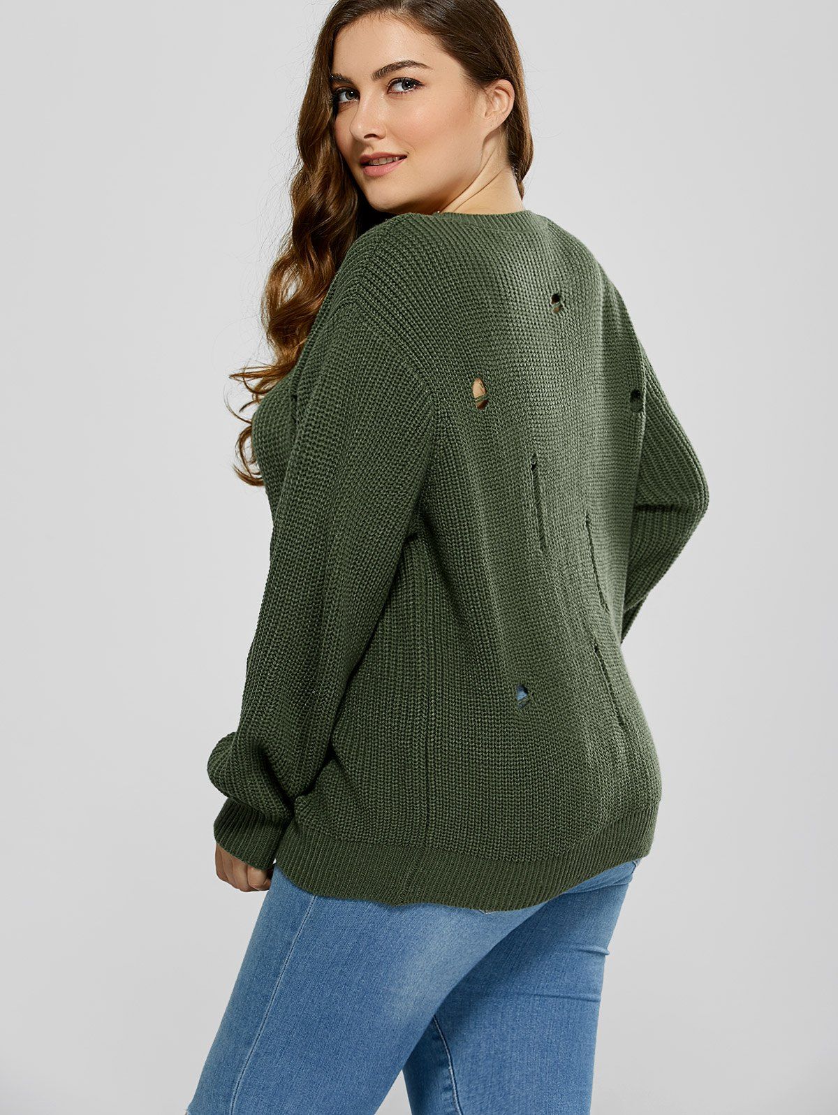2018 Plus Size Ripped Crew Neck Ribbed Sweater BLACKISH GREEN XL In