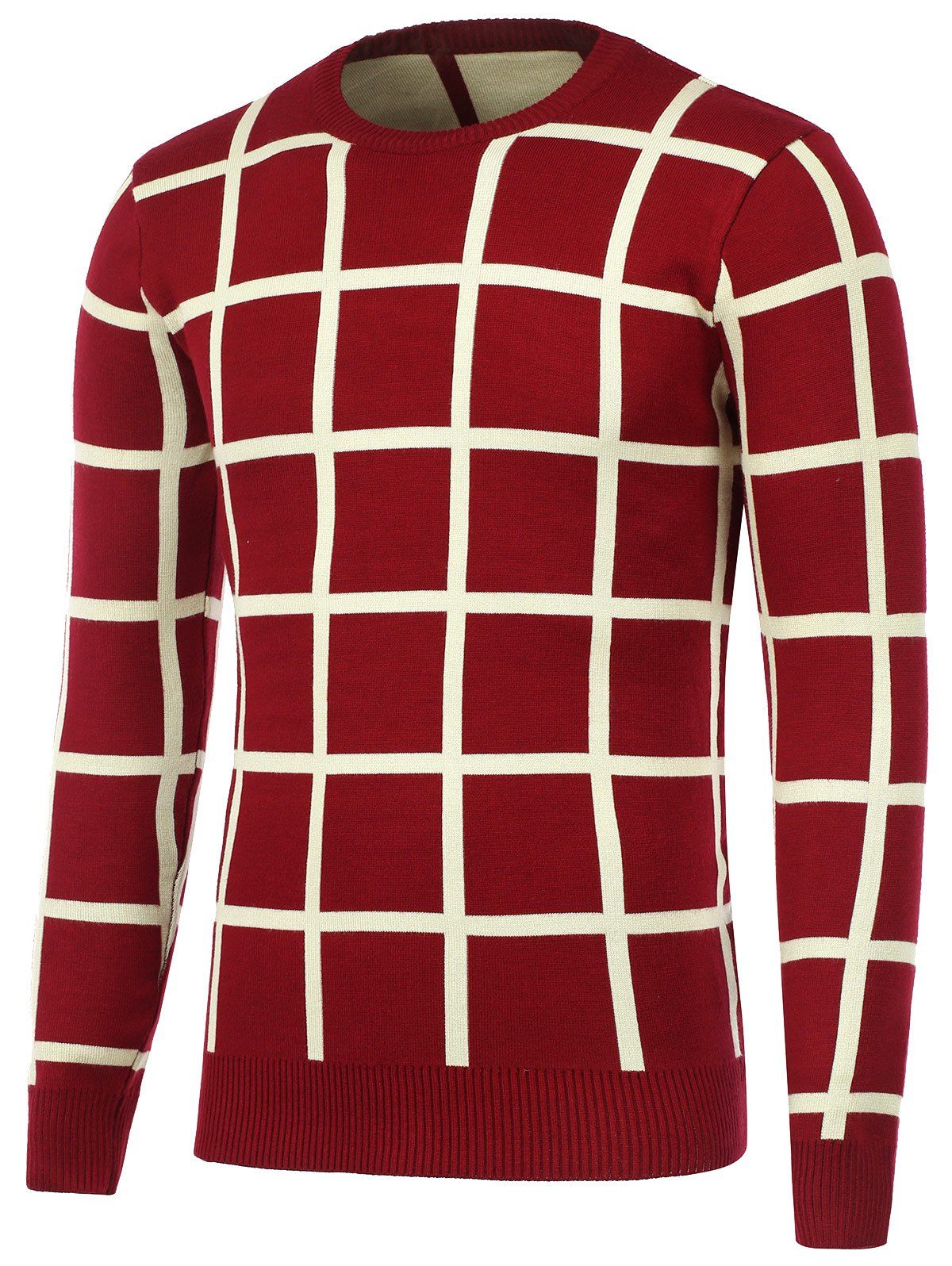 

Crew Neck Knitted Grid Sweater, Red