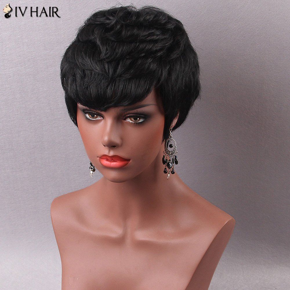 2018 Women's Stylish Short Inclined Bang Human Hair Wig JET BLACK In ...