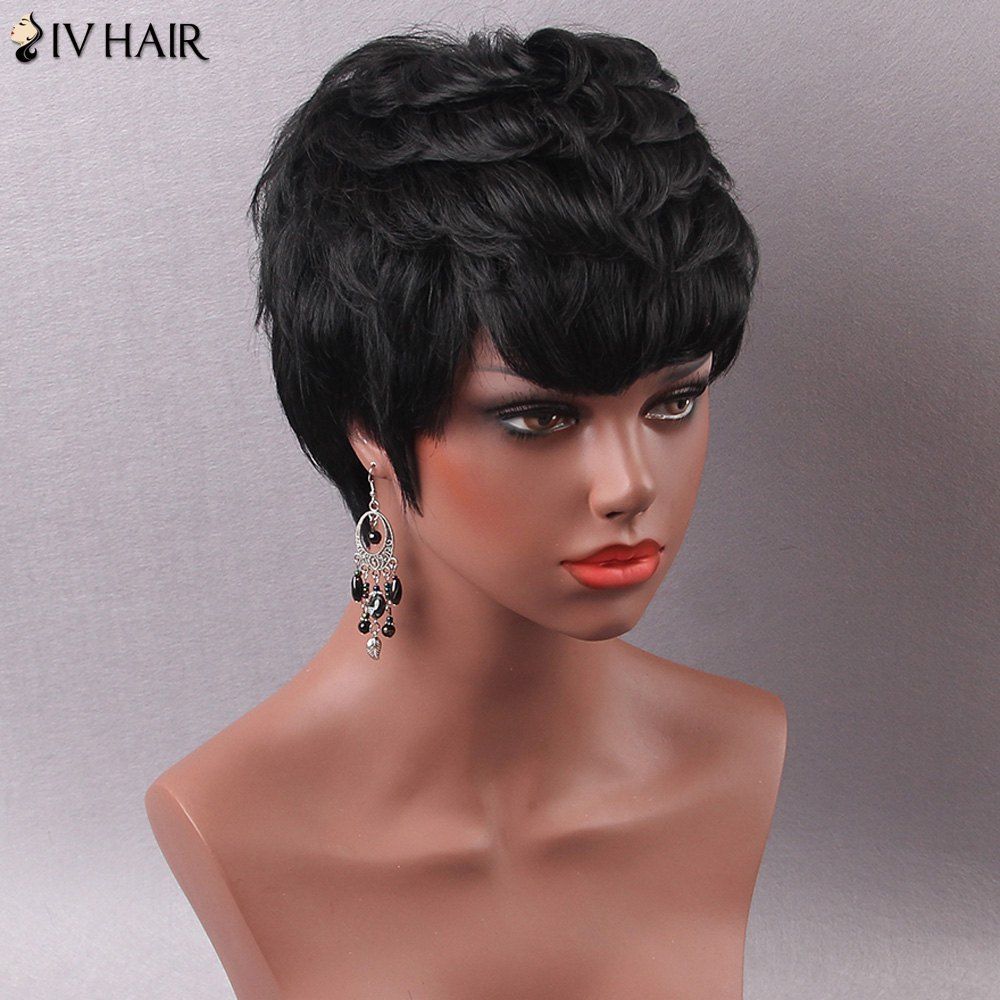 2018 Women's Stylish Short Inclined Bang Human Hair Wig JET BLACK In ...