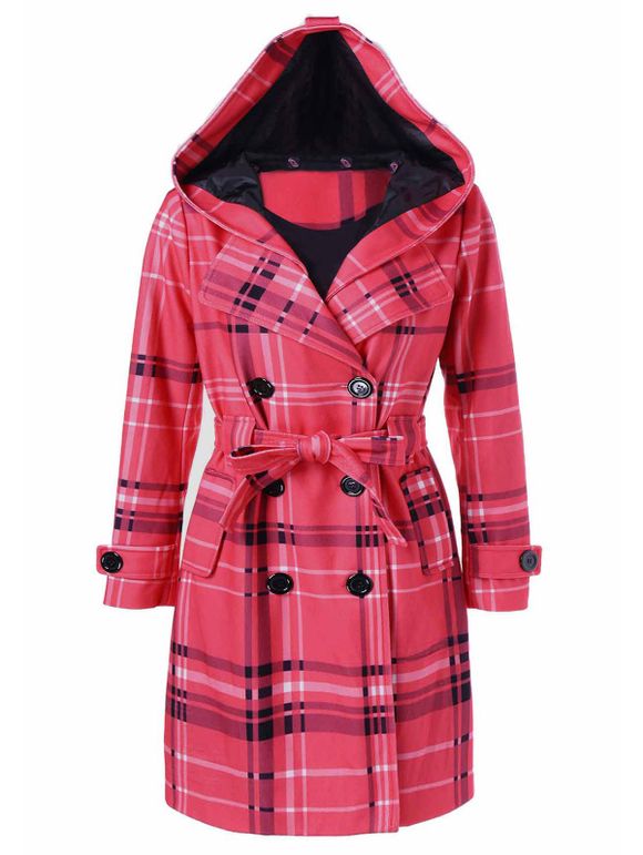 Manteau à capuche et carreaux en laine avec ceinture - Rouge L