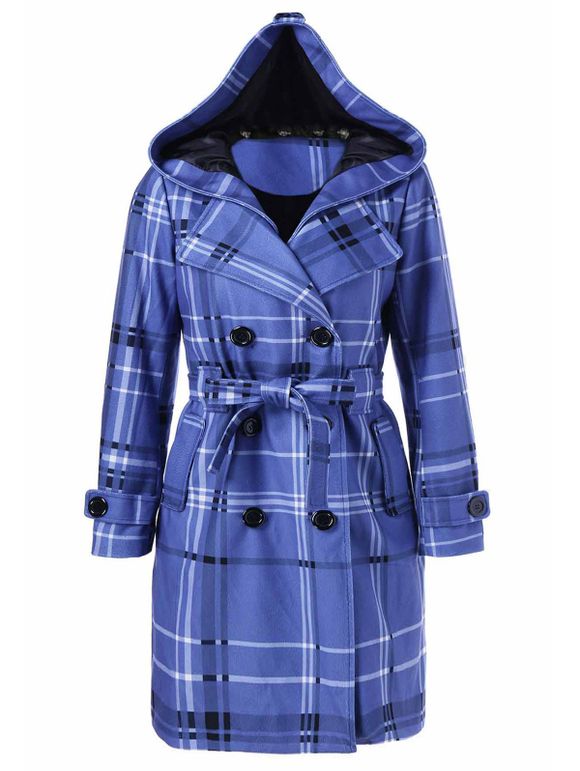 Manteau à capuche et carreaux en laine avec ceinture - Moyen Bleu L