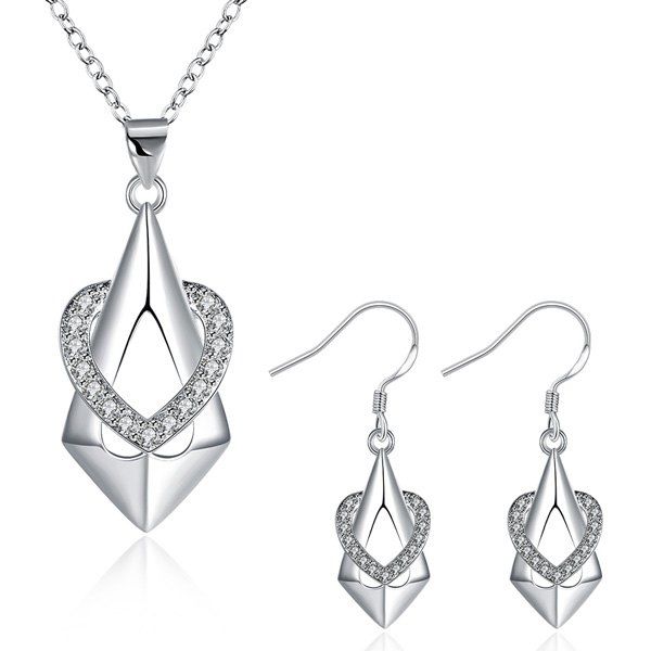 

Geometric Heart Rhinestone Necklace and Earrings, Silver