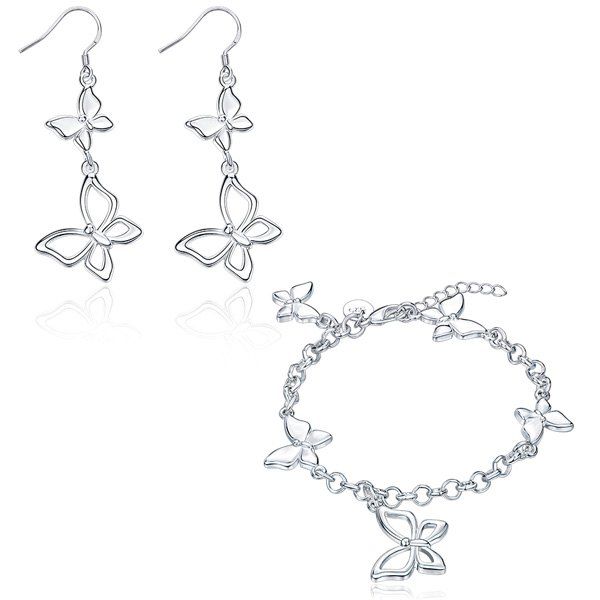 

Butterfly Drop Earrings and Charm Bracelet, Silver