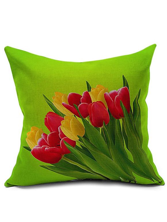 Taie d'oreiller en lin imprimée tulipe - Vert 