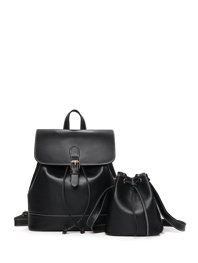 Buckle PU Leather Backpack With Crossbody Bag - BLACK 