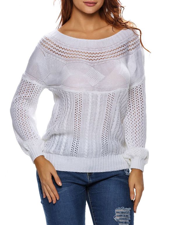 Pull tricoté semi-transparent en crochet - Blanc M