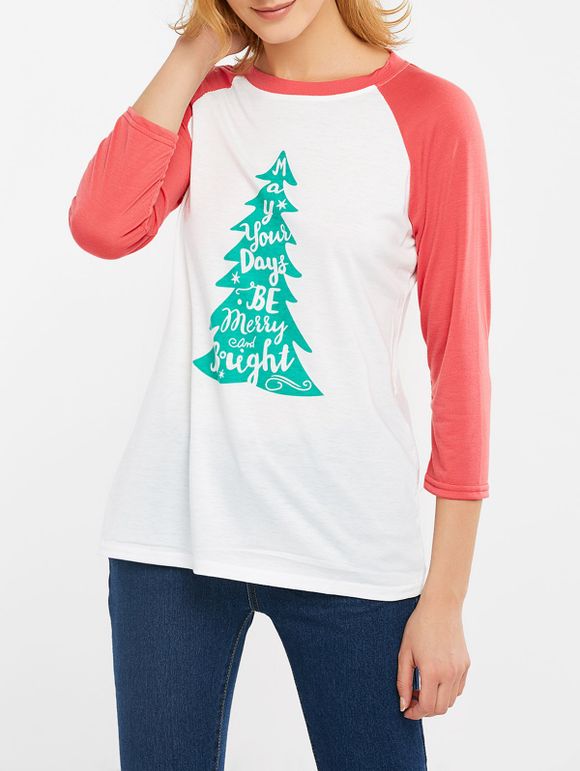 T-shirt imprimé d'arbre de Noël avec blocs de couleur - Pastèque Rouge S