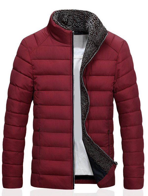 

Stand Collar Zipper Up Quilted Jacket, Wine red