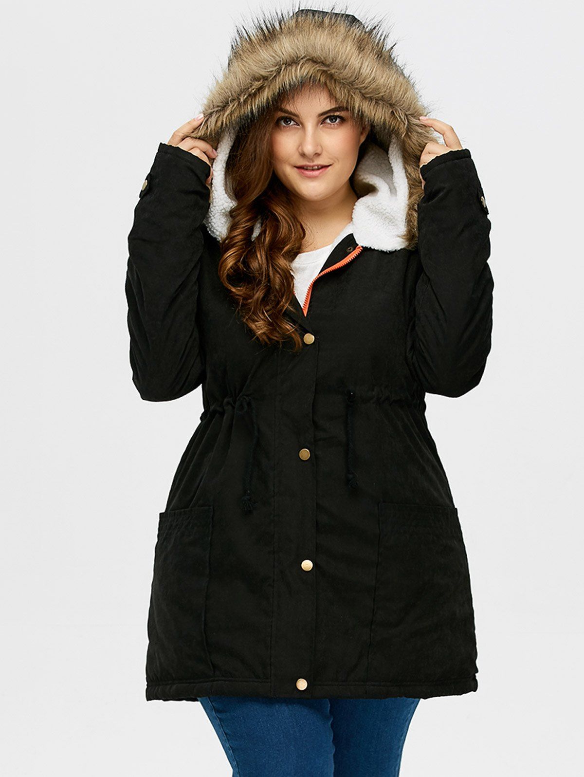

Plus Size Drawstring Hooded Parka Coat With Fur Collar, Black