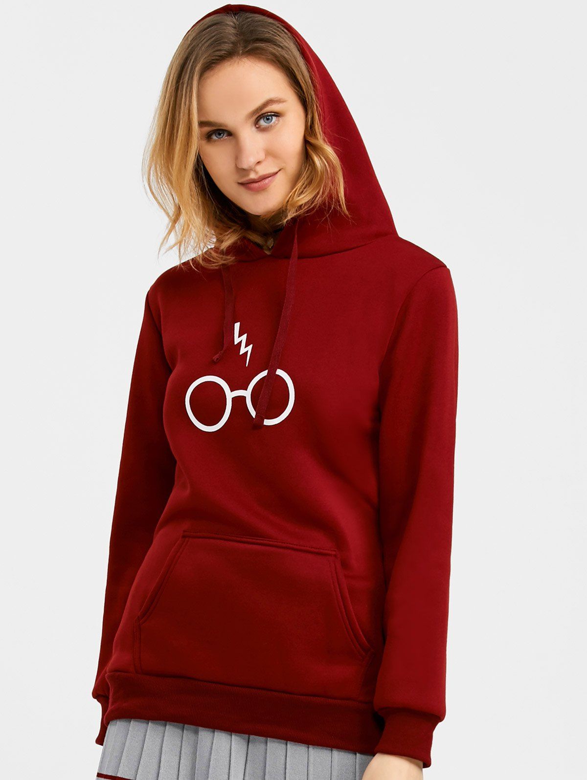 

Drawstring Graphic Fleece Hoodie, Wine red