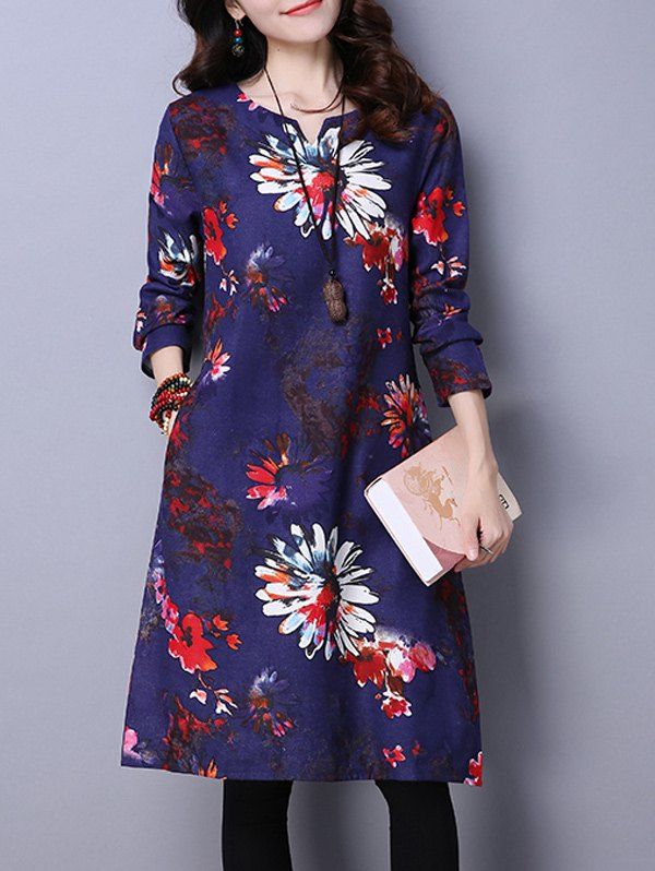 

Floral Print Dress with Pockets, Blue