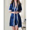 Ensemble pyjama en satin à bordures en dentelle robe nuisette et peignoir - Bleu Royal 2XL