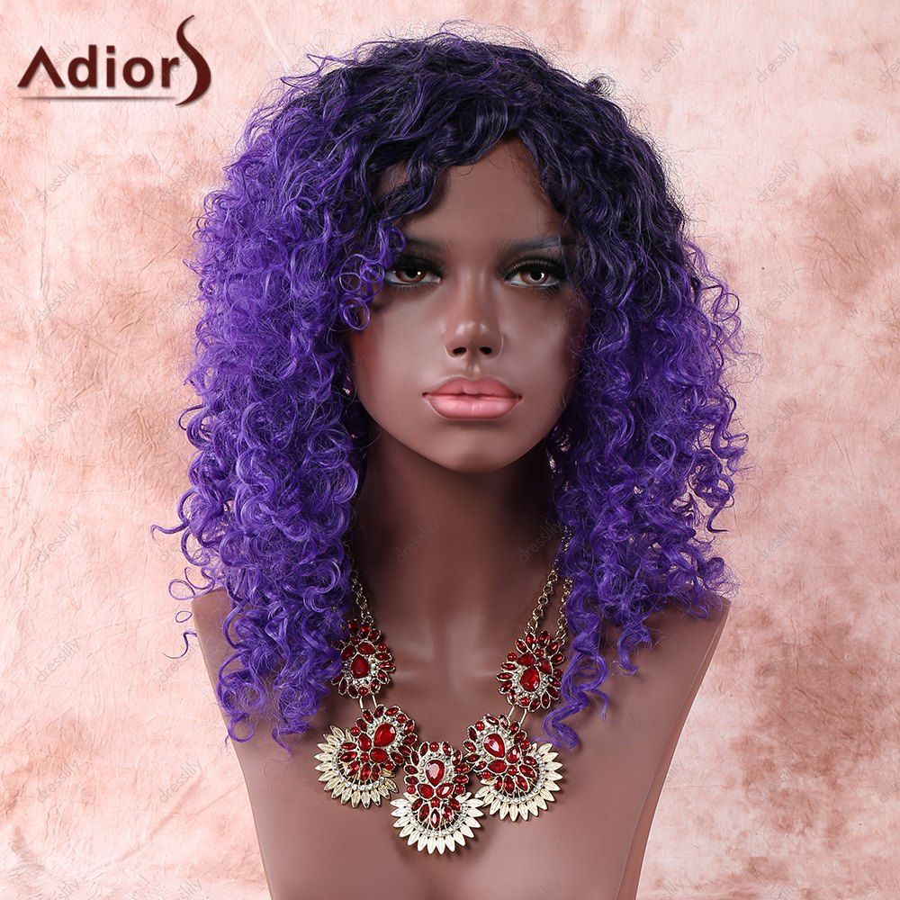 2018 Medium Black Mixed Purple Side Parting Afro Curly Synthetic Wig