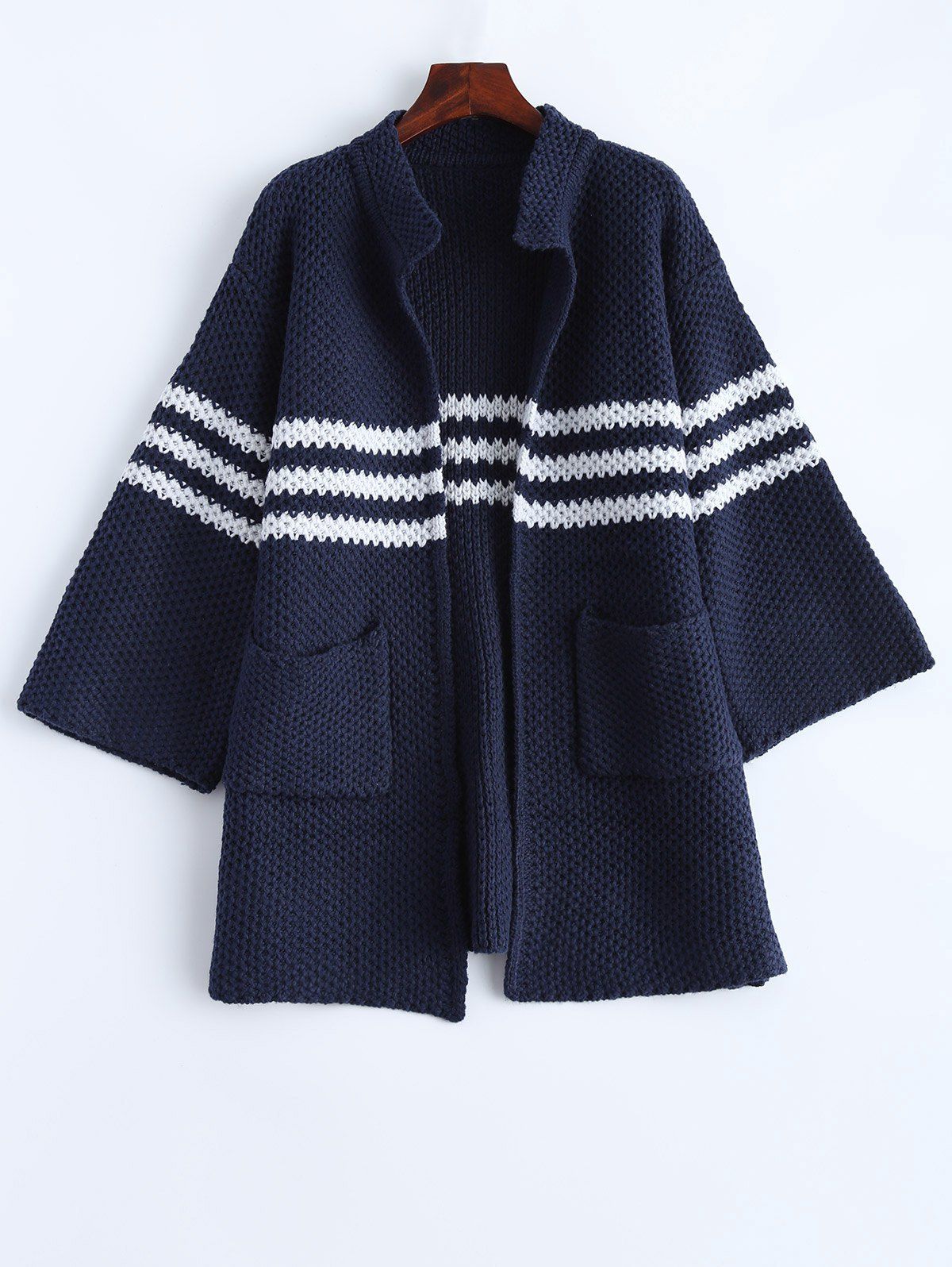 

Knitted Chunky Striped Cardigan, Deep blue