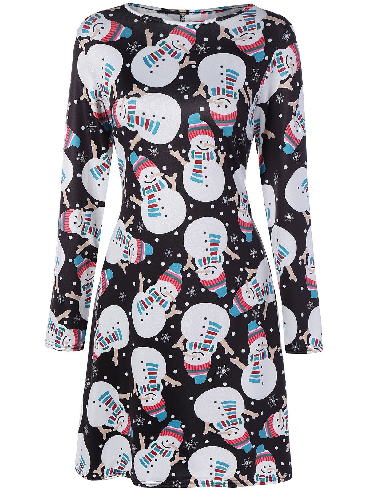 

Snowman Printed Long Sleeve Knee Length Christmas Dress, Black