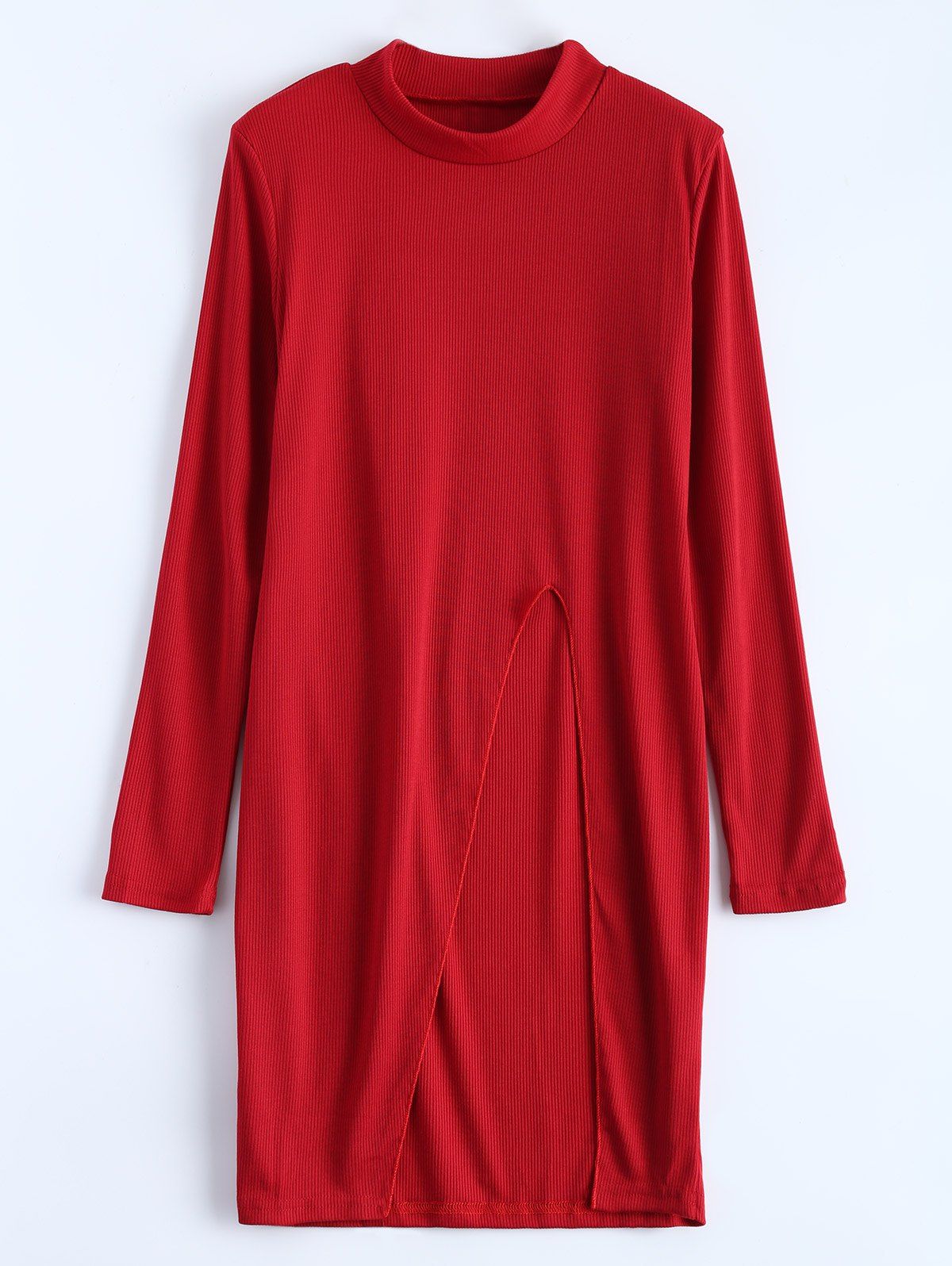 

High Slit High Neck Fitting T-Shirt, Red