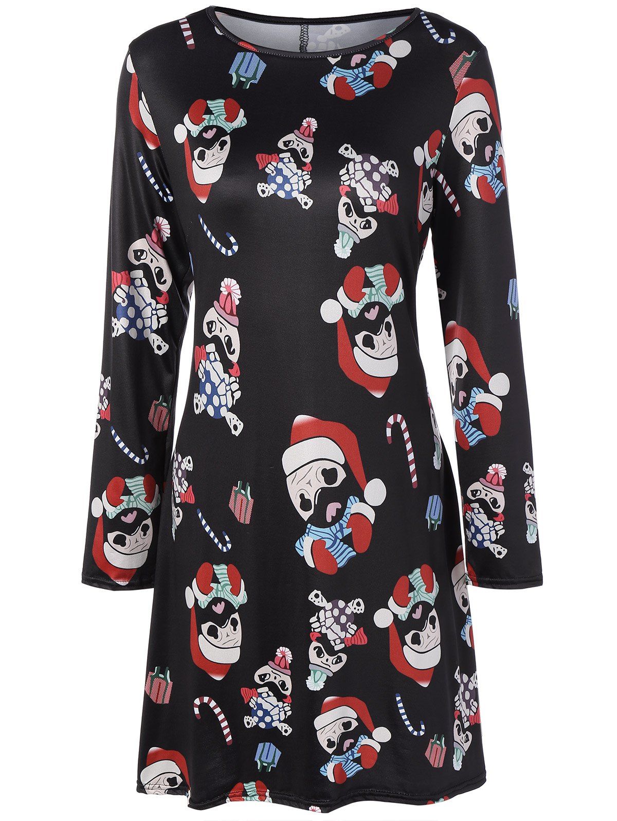 

Puppy Dog Printed Knee Length Long Sleeve Christmas Dress, Black