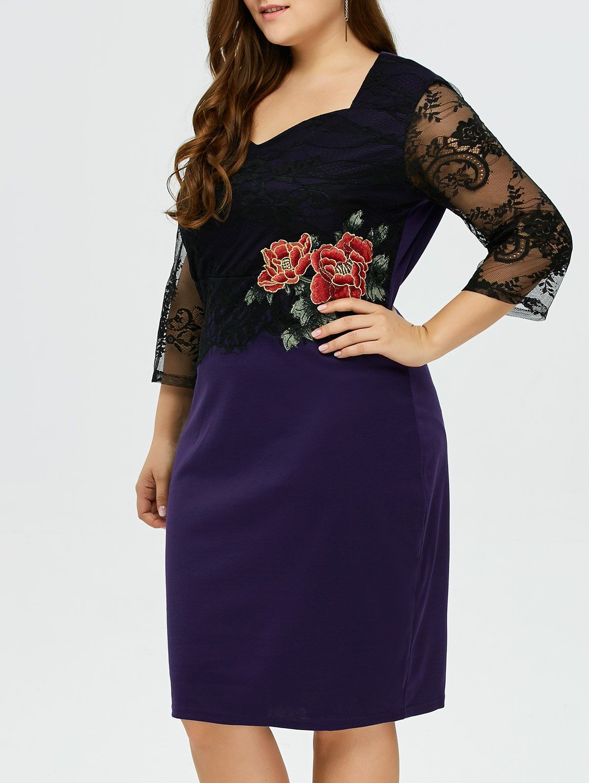 

Rose Embroidery Lace Panel Midi Dress, Purple