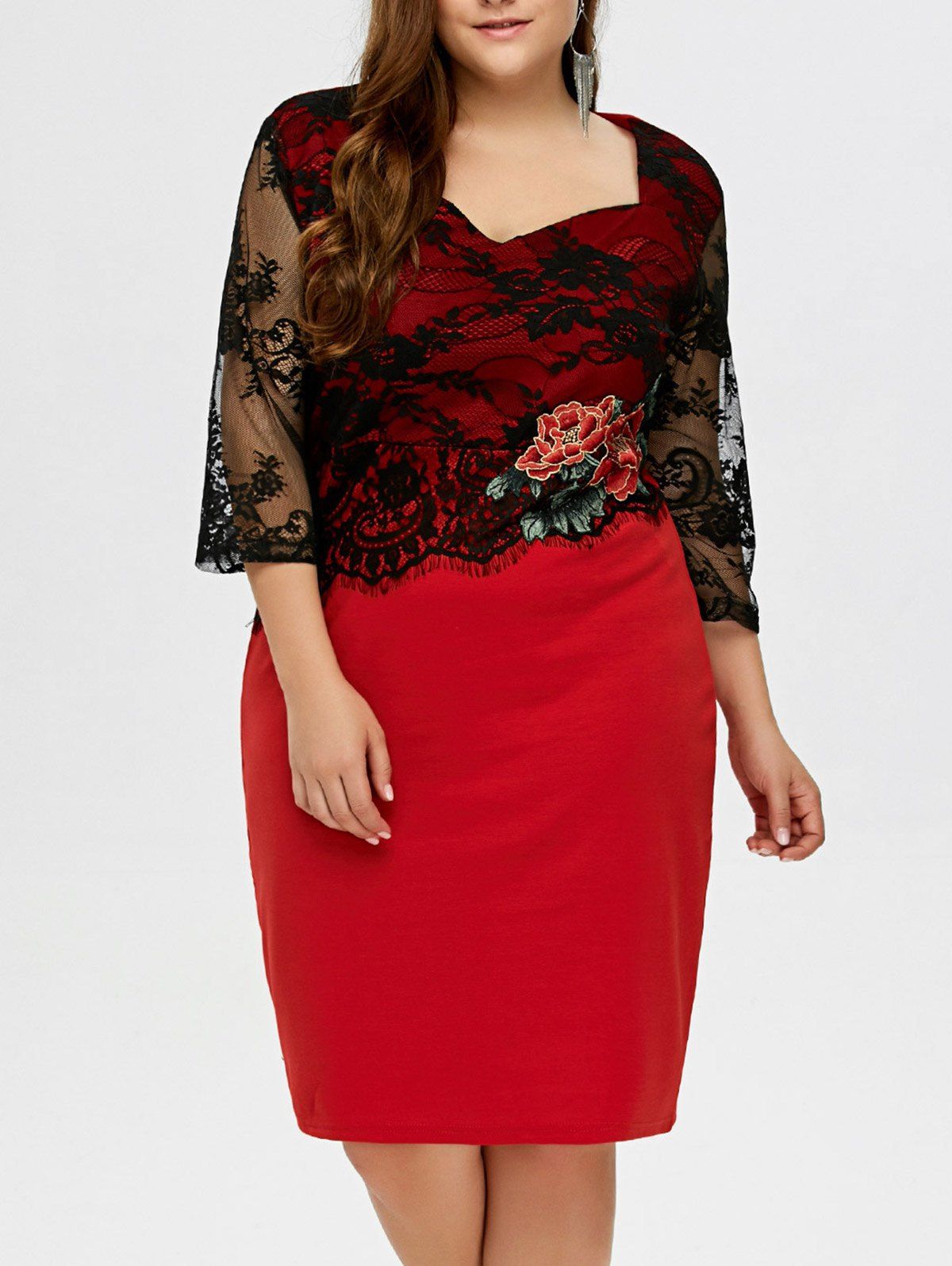 

Rose Embroidery Lace Panel Midi Dress, Red