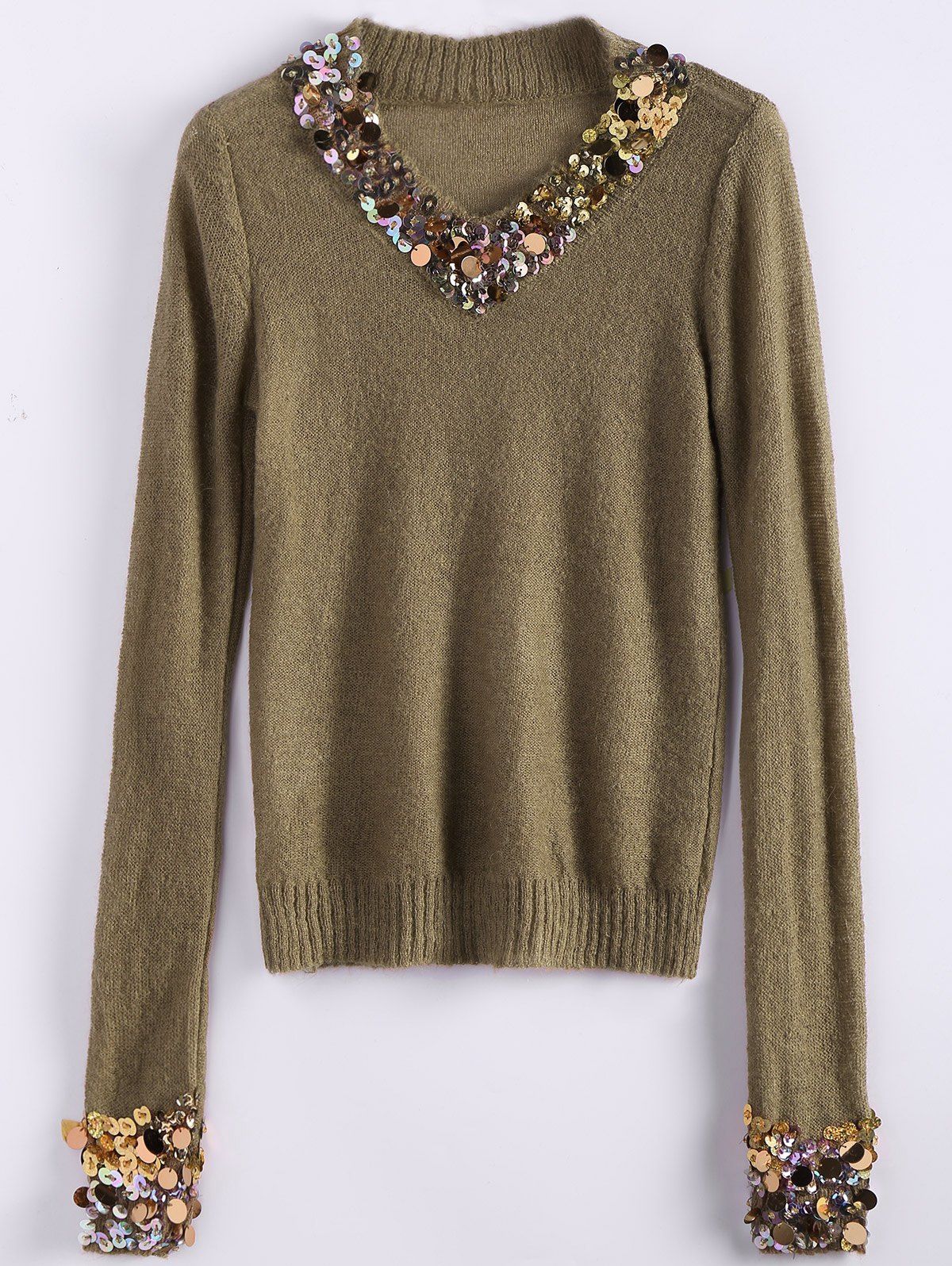 V Neck Sequins Tunic Sweater - CAMEL ONE SIZE