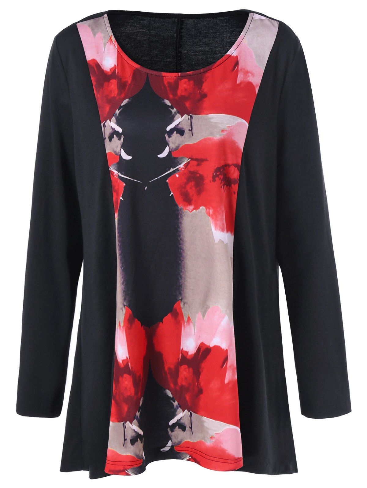 

Plus Size Ink Painting Floral Longline T-Shirt, Black