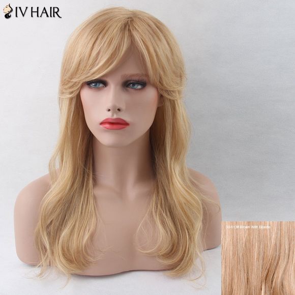 SIV perruque longue de cheveux humains en broussailles ondulées avec franges latérales - Brun Avec Blonde 