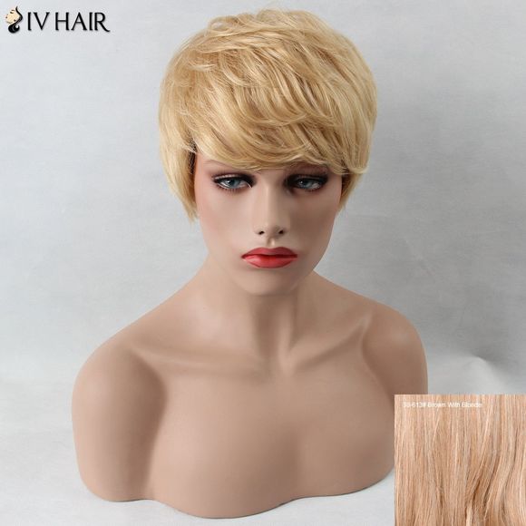 SIV perruque courte de cheveux humains embroussaillés avec franges latérales - Brun Avec Blonde 