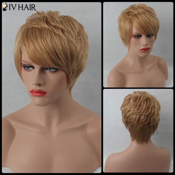 SIV perruque courte de cheveux humains coupés en dégradé avec franges latérales - Brun Avec Blonde 