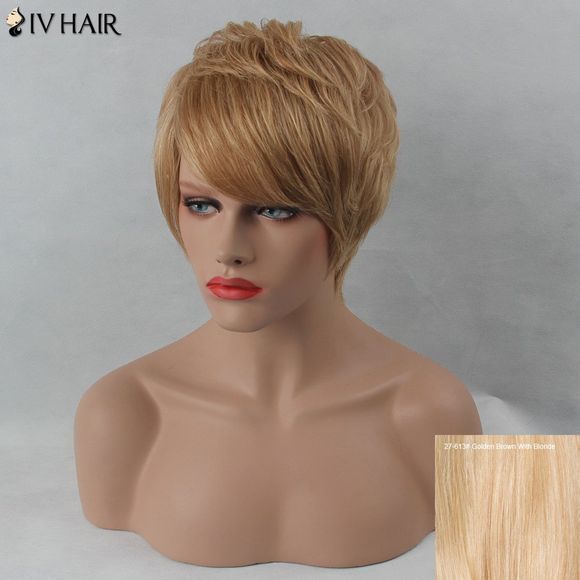 SIV perruque courte de cheveux humains coupés en dégradé avec franges latérales - Brun d'Or avec Blonde 