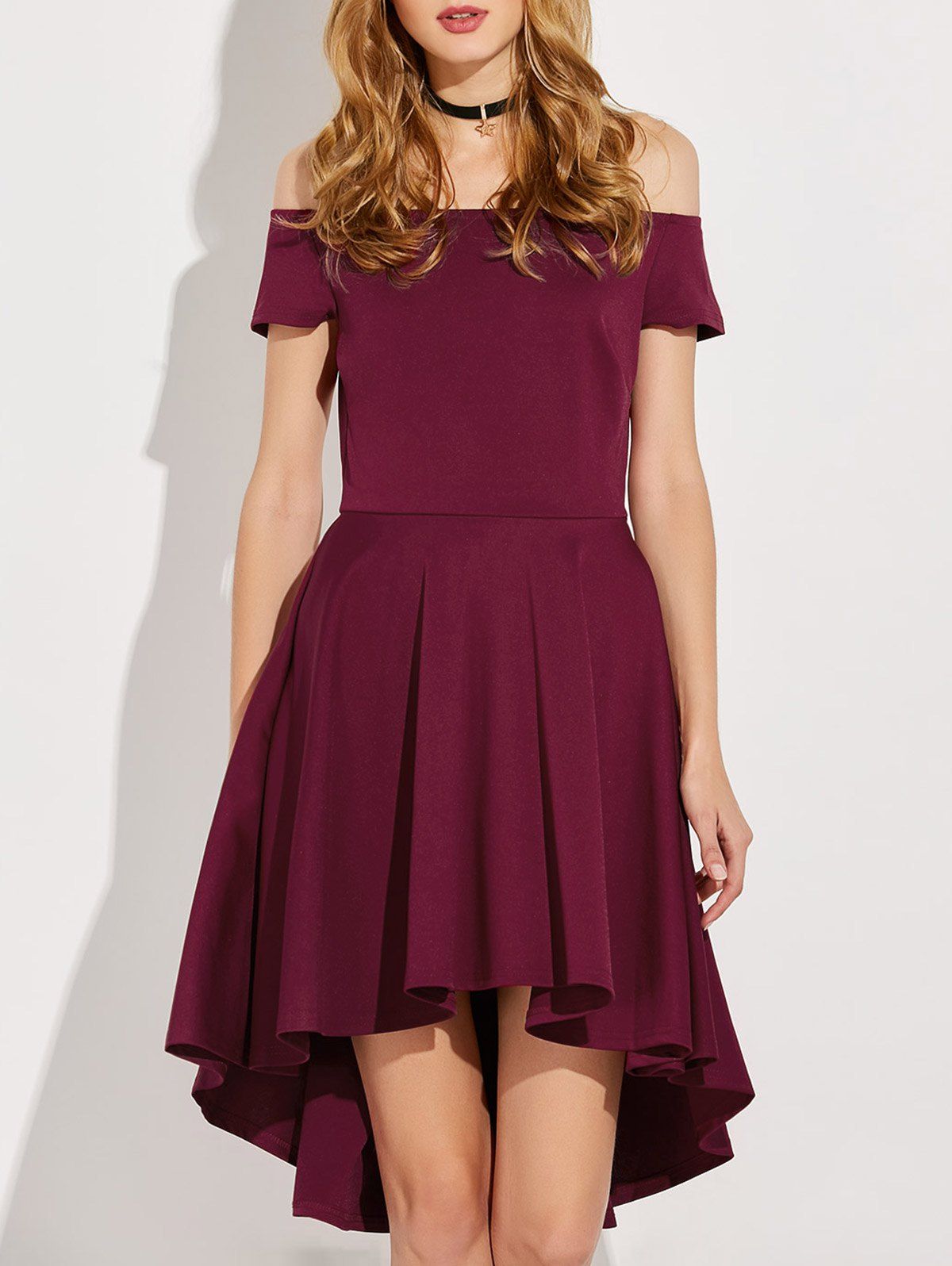 

Asymmetric Pleated Off The Shoulder Dress, Burgundy