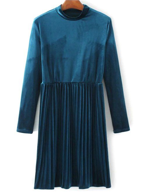 

Velvet Long Sleeve Short Pleated Dress, Blue