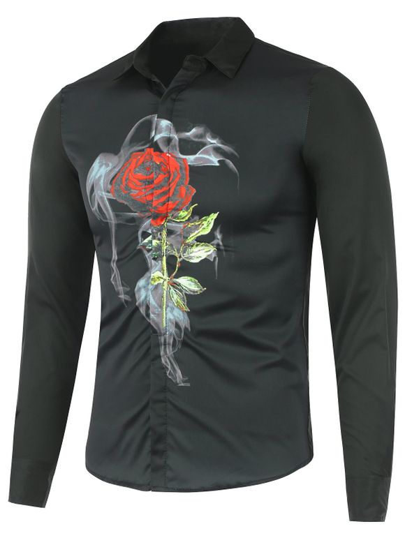 Chemise à col rabattu et à manches longues avec motif de rose en 3D - Noir L