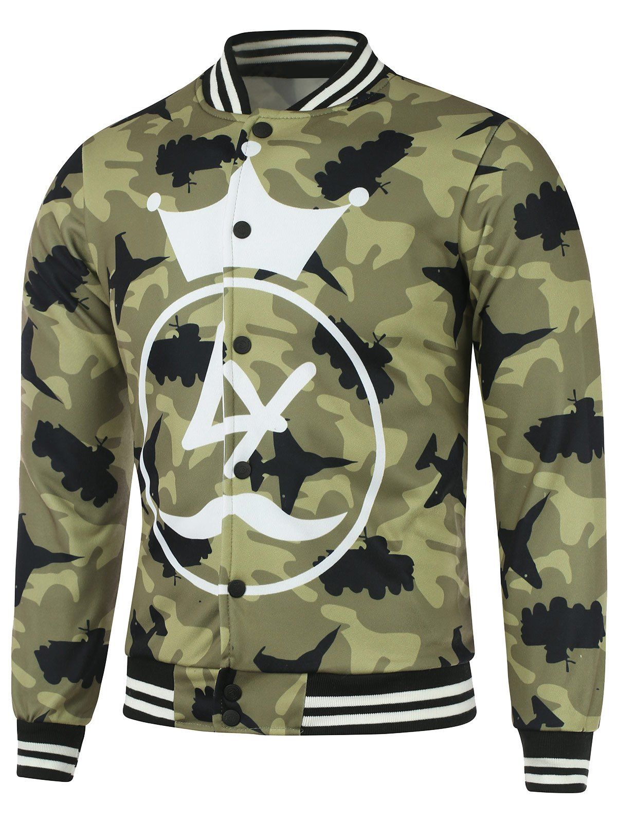 

Camouflage and Graphic Stand Collar Cotton Jacket, Camouflage color