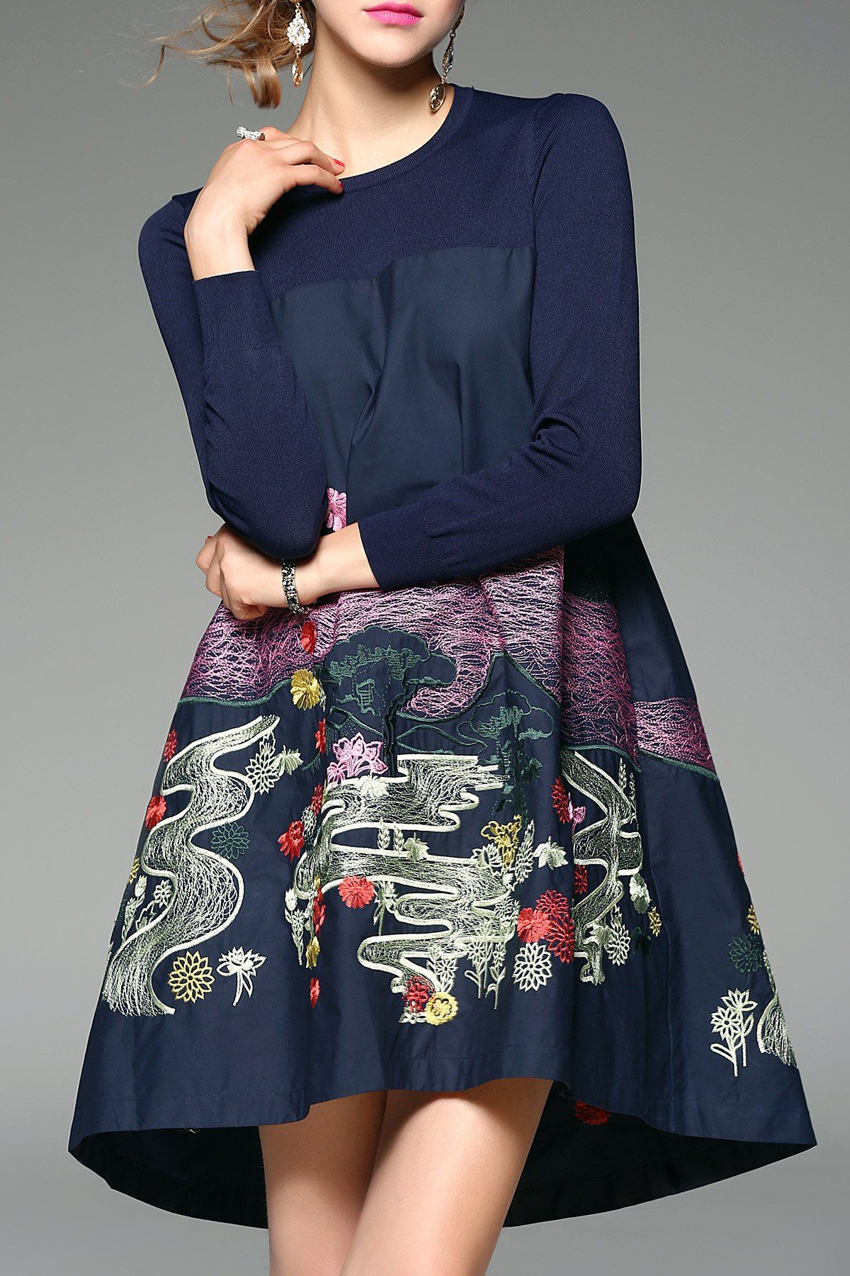 

Embroidered Long Sleeve Smock Dress, Deep blue