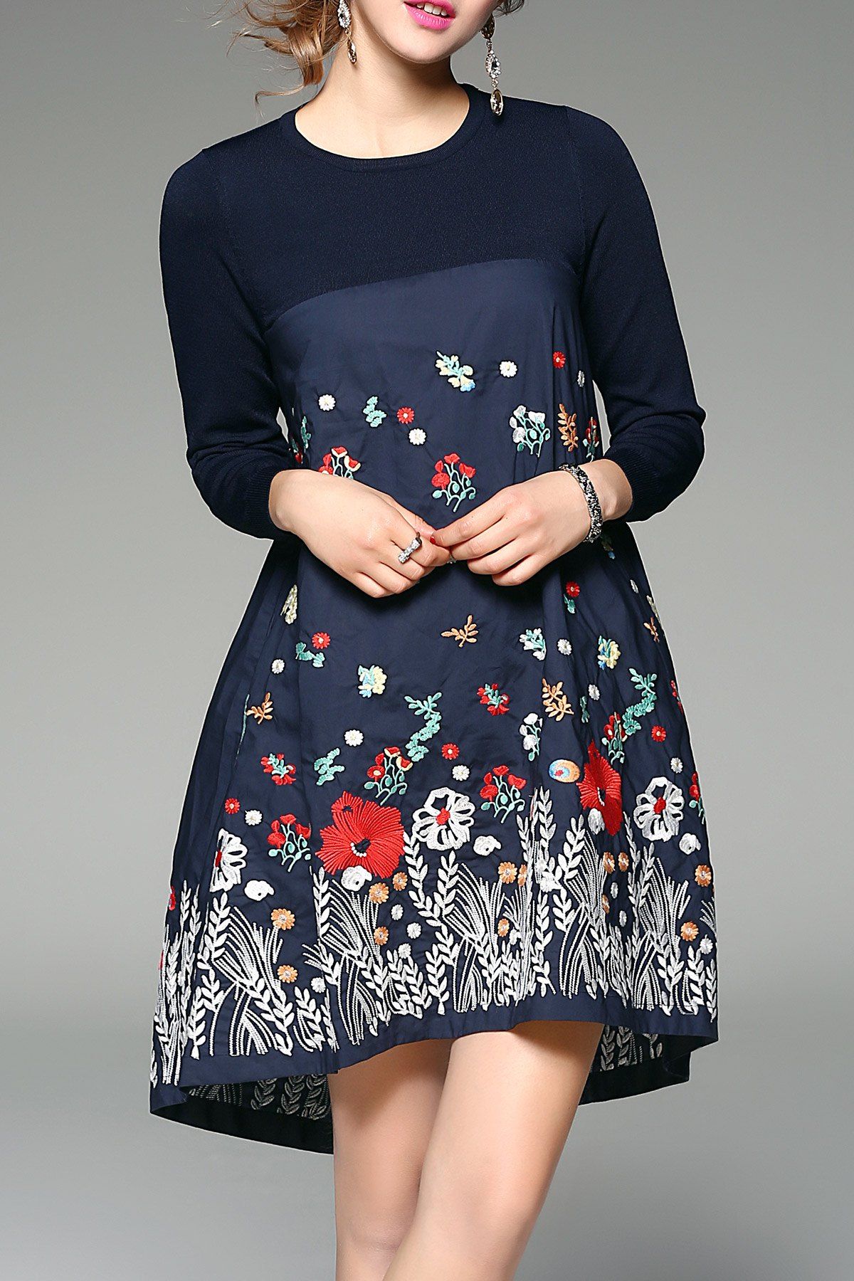 

Floral Embroidered Long Sleeve Cotton Dress, Deep blue