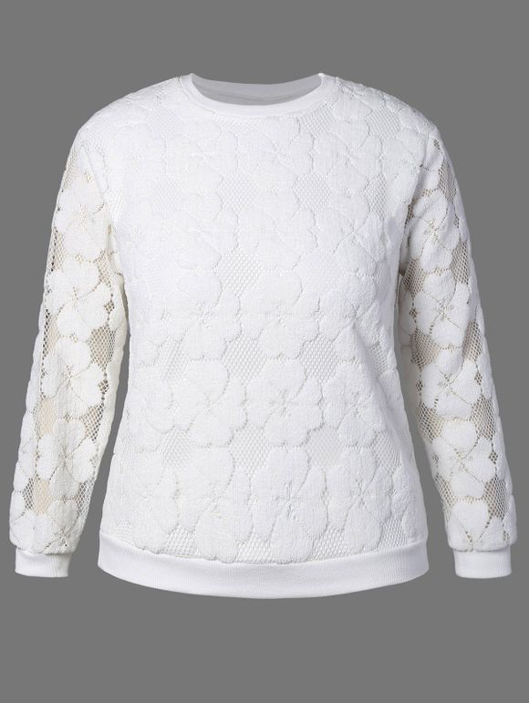 Sweat-shirt en dentelle brodé fleurs grande taille - Blanc 3XL