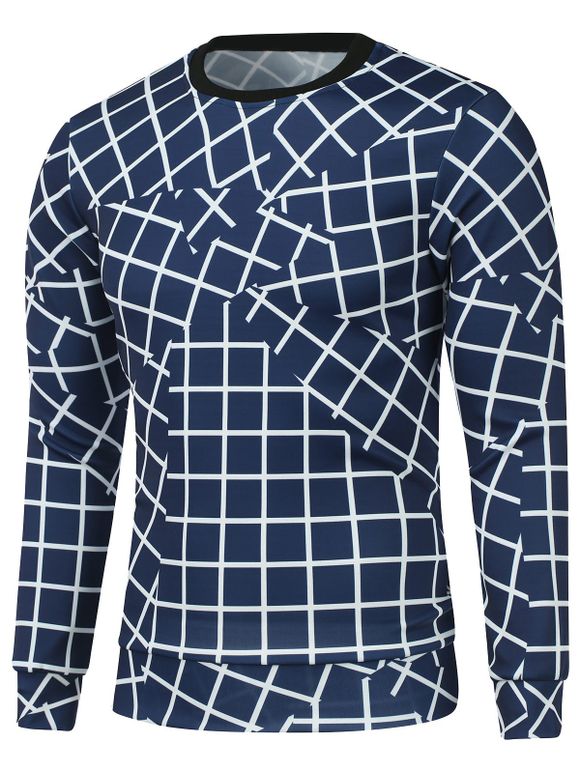 Sweat-shirt ras-du-cou à carreaux irréguliers en 3D avec manches longues - Bleu M
